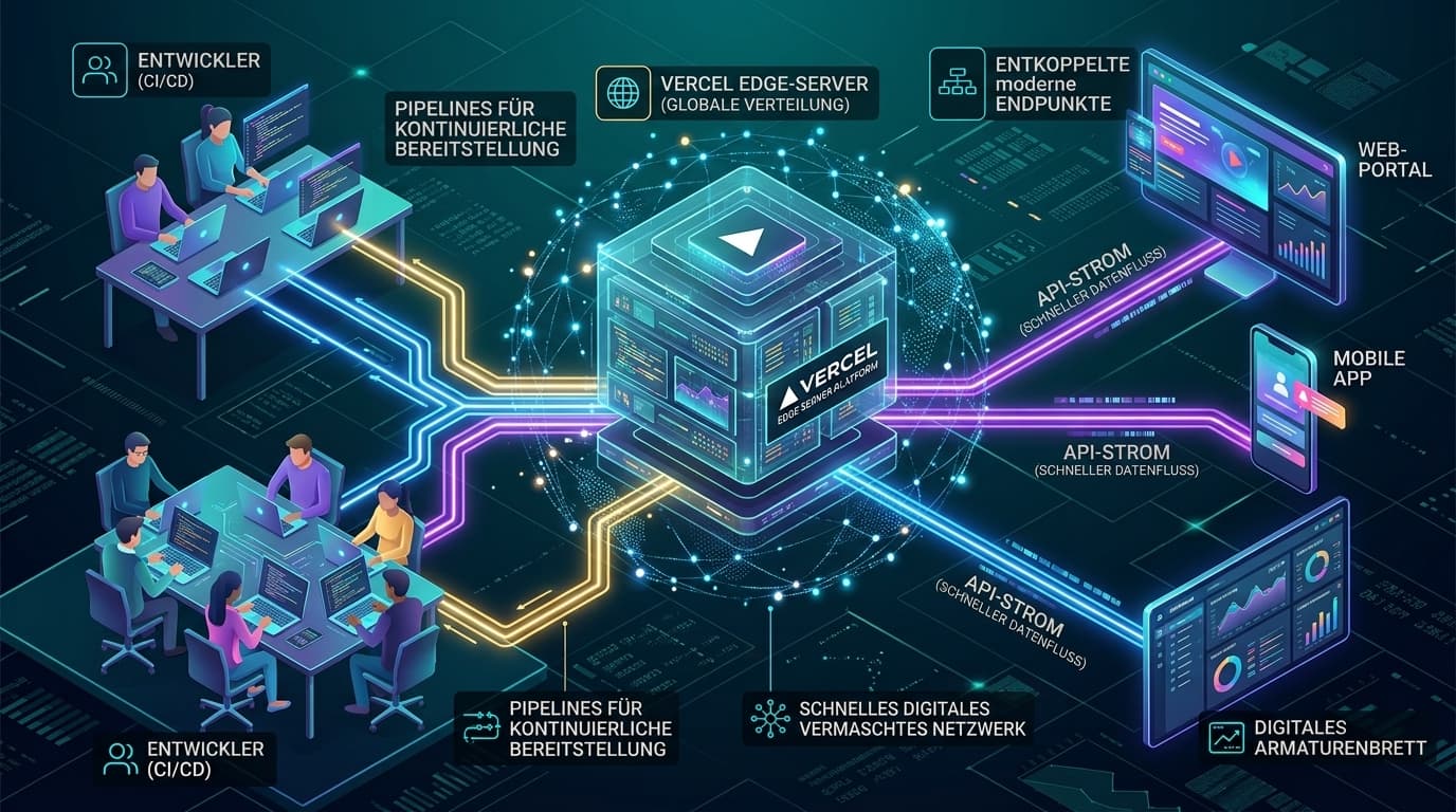 Moderner Tech-Stack: Datenfluss zwischen Next.js-Frontend, API und Backend